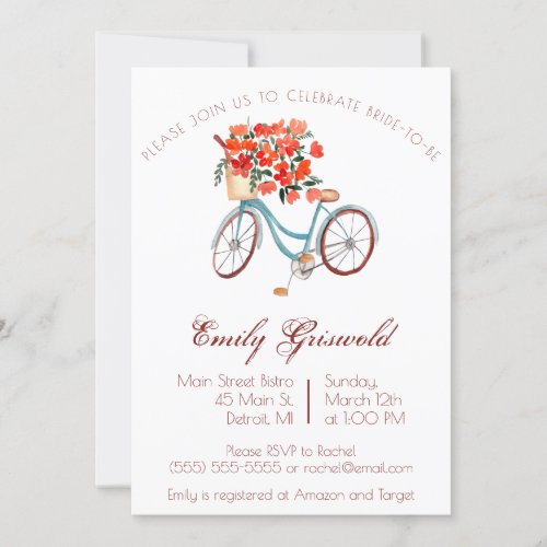 Blue Watercolor Bicycle Floral Bridal Shower Invitation