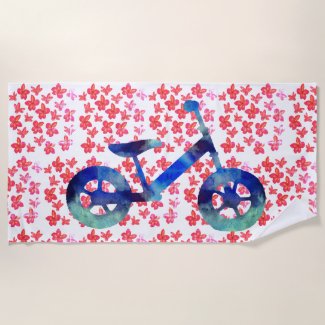 Blue watercolor bike and flowers beach towel