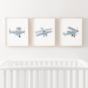 Blue Watercolor Biplane Boy Travel Nursery Decor Wall Art Sets