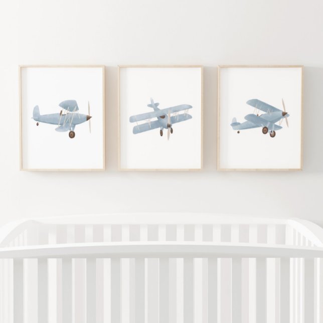 Blue Watercolor Biplane Boy Travel Nursery Decor Wall Art Sets (Creator Uploaded)