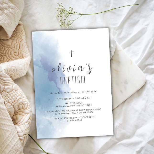 Blue Watercolor Black Cross Christening Baptism Invitation (Blue Watercolor Black Cross Christening Baptism Invitation)
