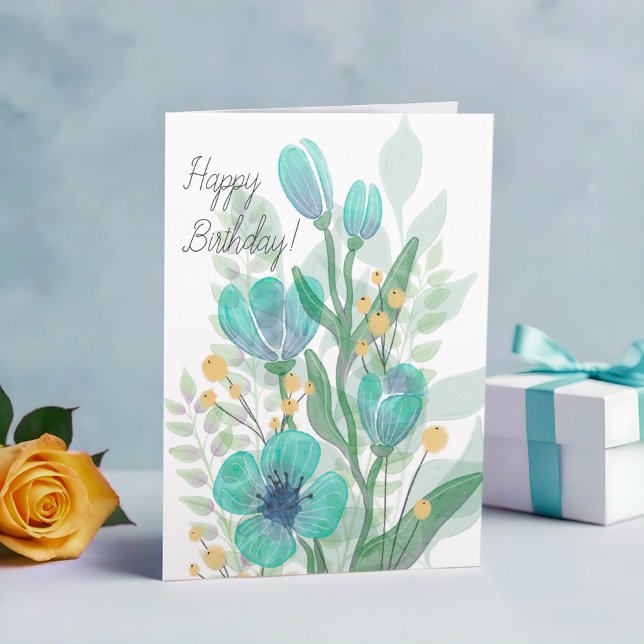 Blue Watercolor Blooms Business Happy Birthday Card (Creator Uploaded)