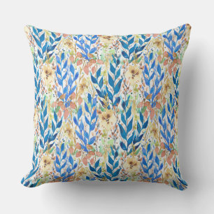 Blue Watercolor Blossom Garden Throw Pillow