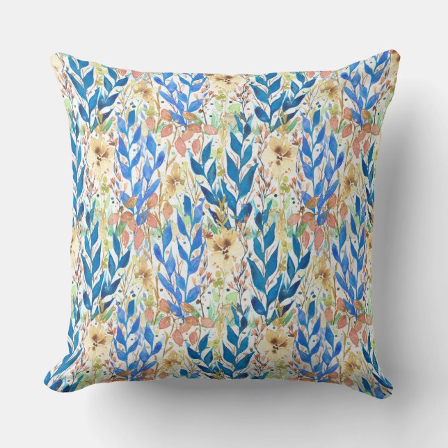 Blue Watercolor Blossom Garden Throw Pillow (Front)