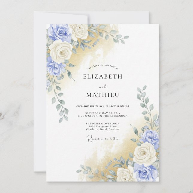 Blue Watercolor Blossom Romance Wedding Invitation (Front)