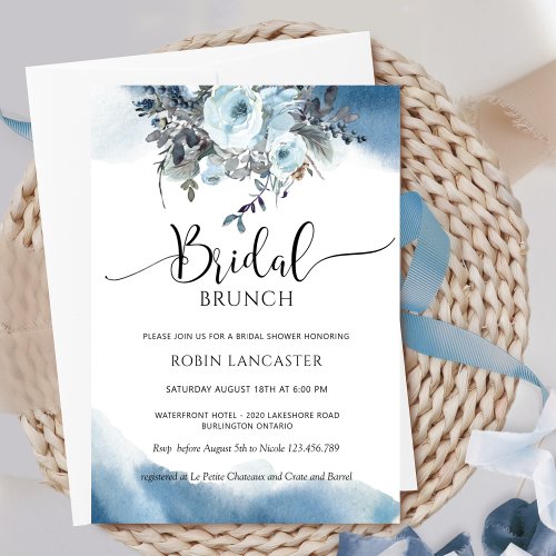 Blue Watercolor Blue Floral Bridal BrunchShower Invitation