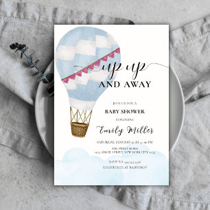 Blue Watercolor Boho Hot Air Balloon Baby Shower Invitation