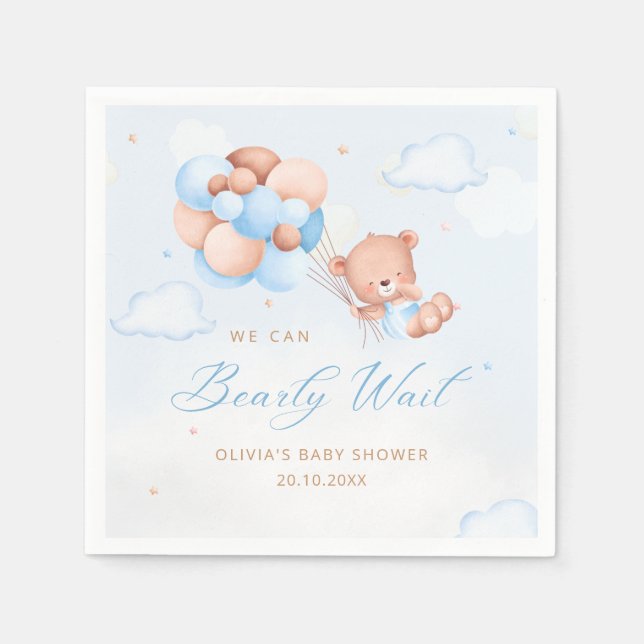 Blue Watercolor Boho Teddy Bear Boy Baby Shower    Napkins (Front)
