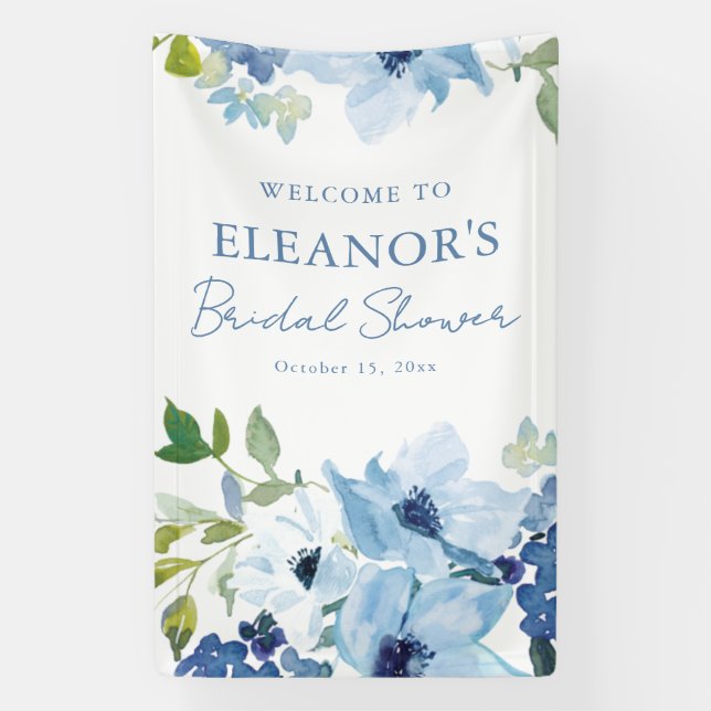 Blue Watercolor Botanical Custom Shower Welcome Banner (Vertical)