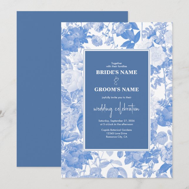 Blue Watercolor Botanical Florals Wedding Invitation (Front/Back)