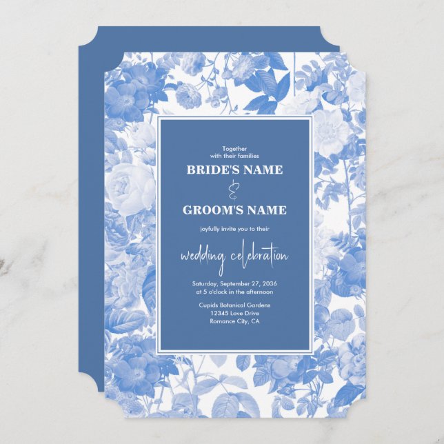 Blue Watercolor Botanical Florals Wedding Invitation (Front/Back)
