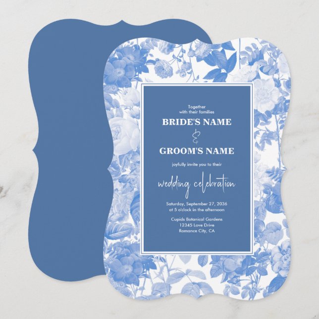 Blue Watercolor Botanical Florals Wedding  Invitation (Front/Back)