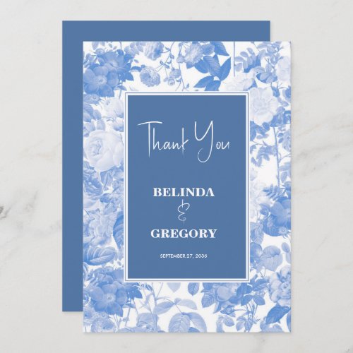 Blue Watercolor Botanical Florals Wedding  Thank You Card