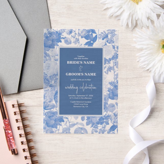 Blue Watercolor Botanical Florals Wedding Vellum Invitations (Wedding)