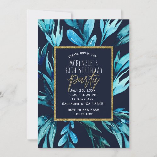 Blue Watercolor Botanical Glam Birthday Party Invitation
