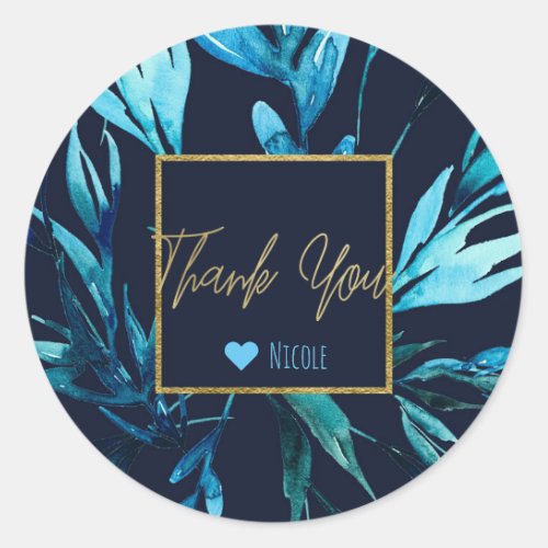 Blue Watercolor Botanical Glam Bridal Shower Favor Classic Round Sticker