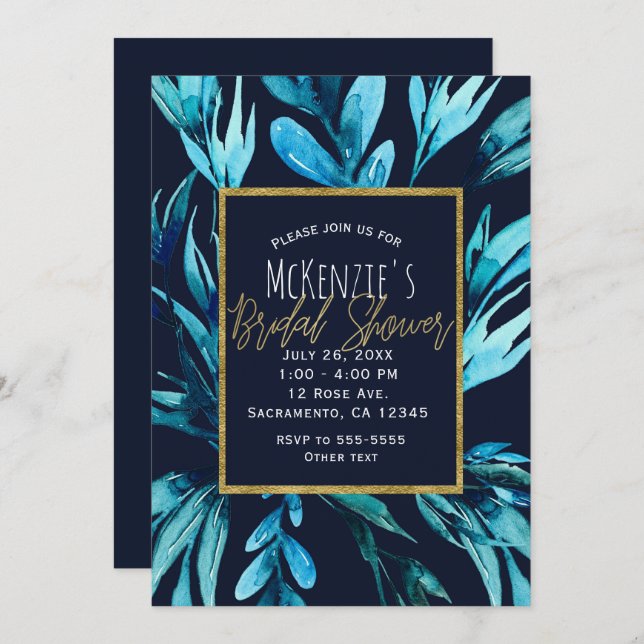 Blue Watercolor Botanical Glam Bridal Shower  Invitation (Front/Back)