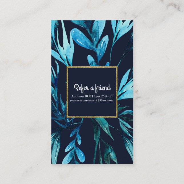 Blue Watercolor Botanical Glam Refer a Friend Card (Front)