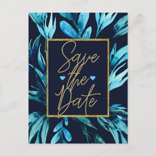 Blue Watercolor Botanical Glam Save the Date Announcement Postcard