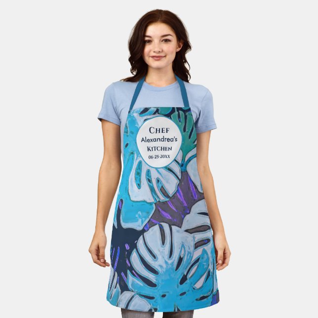 Blue Watercolor Botanical Leaves Personalize Chef  Apron (Worn)