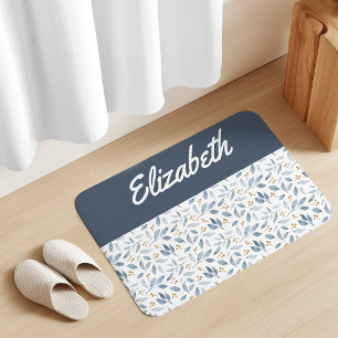 Blue Watercolor Botanical Pattern Custom Name Bath Mat