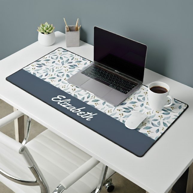 Blue Watercolor Botanical Pattern Custom Name Desk Mat (Creator Uploaded)