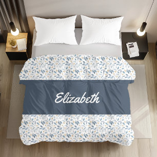 Blue Watercolor Botanical Pattern Custom Name Duvet Cover