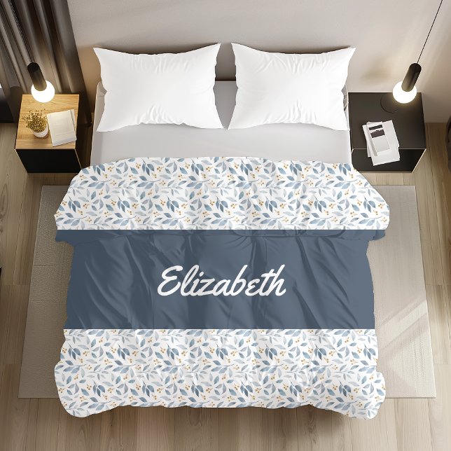 Blue Watercolor Botanical Pattern Custom Name Duvet Cover (Creator Uploaded)