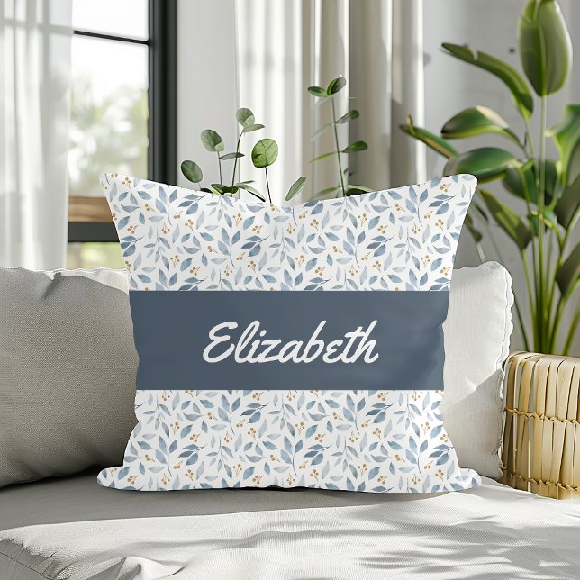 Blue Watercolor Botanical Pattern Custom Name Throw Pillow (Creator Uploaded)