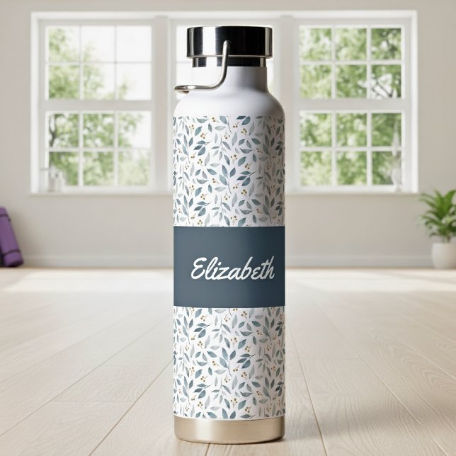 Blue Watercolor Botanical Pattern Name Water Bottle (Creator Uploaded)
