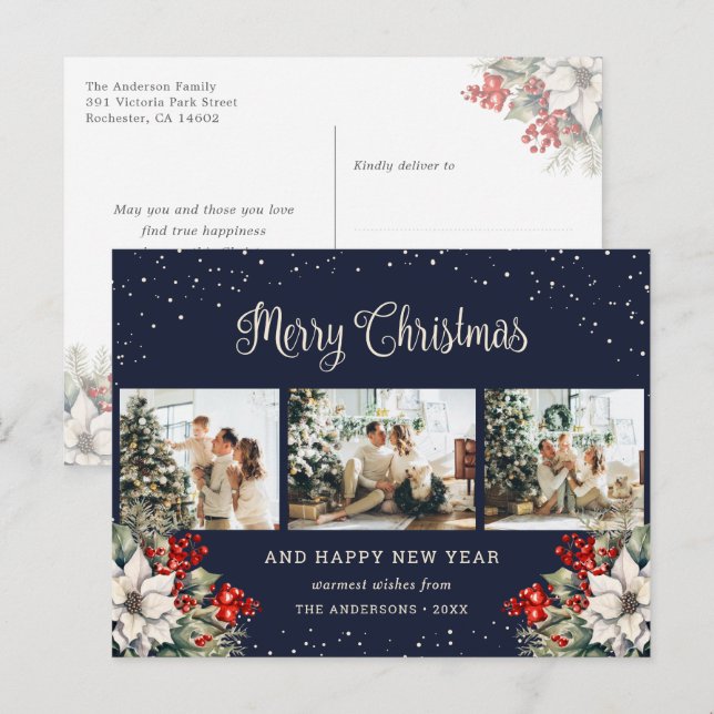 Blue Watercolor Botanical Snow Photo Collage Holiday Postcard (Front/Back)