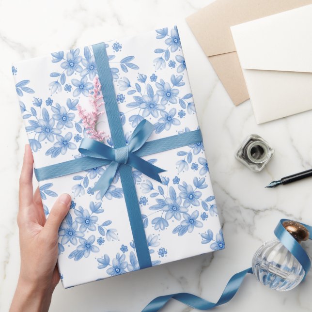 Blue Watercolor Bouquet Pattern    Wrapping Paper (Gifting)