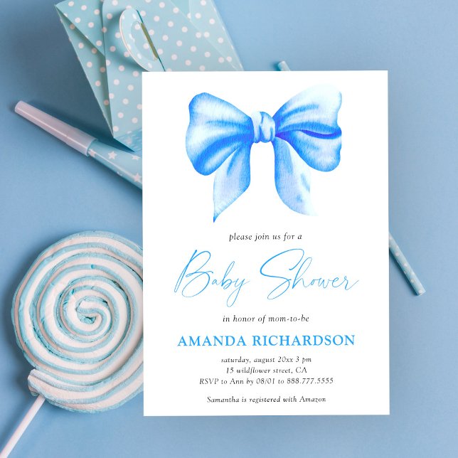Blue Watercolor Bow Boy Baby Shower Invitation (Creator Uploaded)