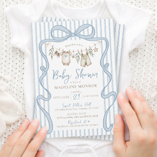 Blue Watercolor Bow Clothesline Boy Baby Shower Invitation