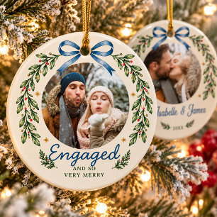 Blue Watercolor Bow Engagement Garland 2 Photo Ceramic Ornament
