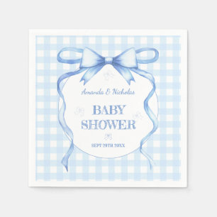 Blue Watercolor Bow Gingham Baby Boy Shower Napkins