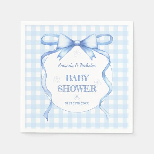 Blue Watercolor Bow Gingham Baby Boy Shower Napkins