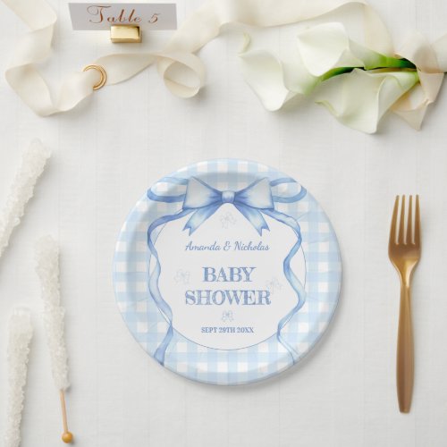 Blue Watercolor Bow Gingham Baby Boy Shower Paper Plates