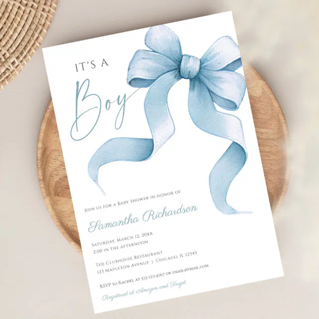 Blue watercolor bow It's a boy baby shower Invitation | Zazzle