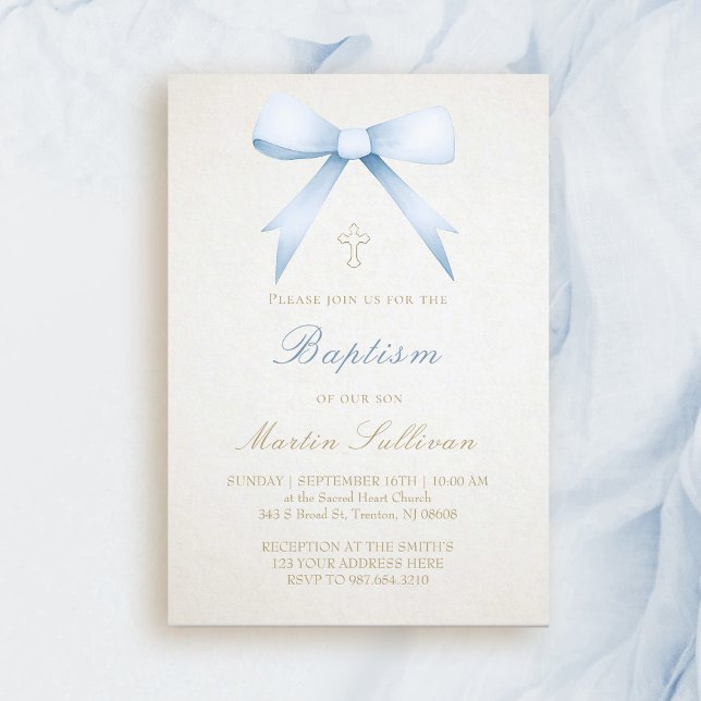 blue watercolor bow on beige background| Baptism Invitation (Creator Uploaded)