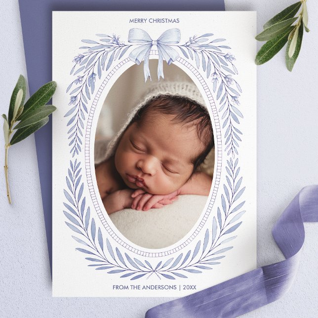 Blue Watercolor Bow Oval Photo Christmas Holiday Card (Creator Uploaded)
