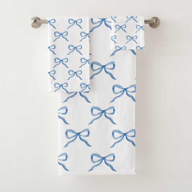 Blue Watercolor Bow Pattern Bath Towel Set (Insitu)