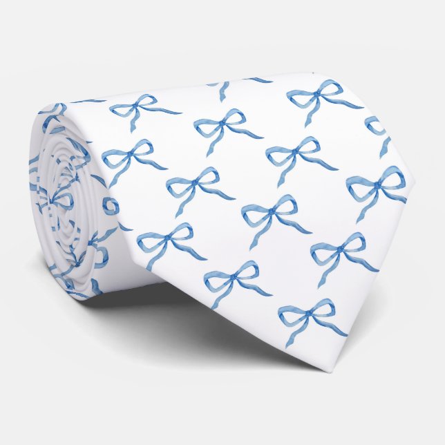 Blue Watercolor Bow Pattern Neck Tie (Rolled)