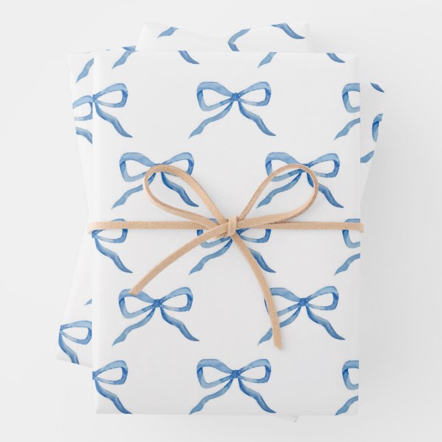 Blue Watercolor Bow Pattern Wrapping Paper Sheets (In situ)