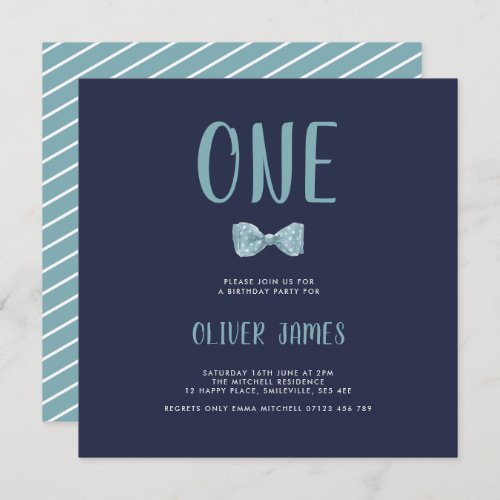 Blue Watercolor Bow Tie First Birthday Party Invitation