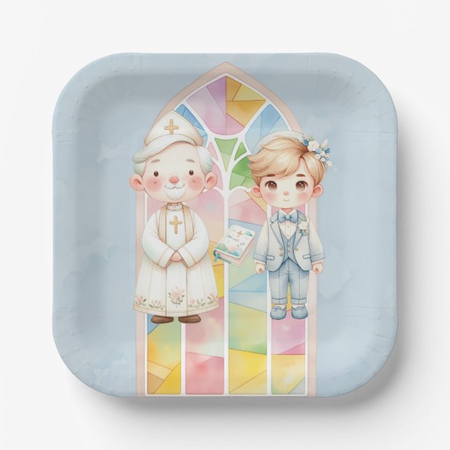 Blue Watercolor Boy 1st. Communion  Paper Plates (Front)