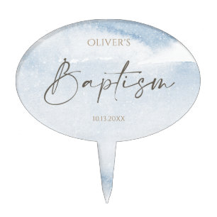 Blue Watercolor Boy Baptism Cake Topper
