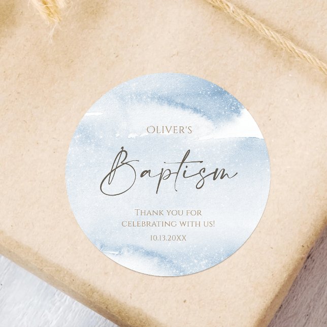 Blue Watercolor Boy Baptism Classic Round Sticker (Blue Watercolor Boy Baptism Classic Round Sticker)