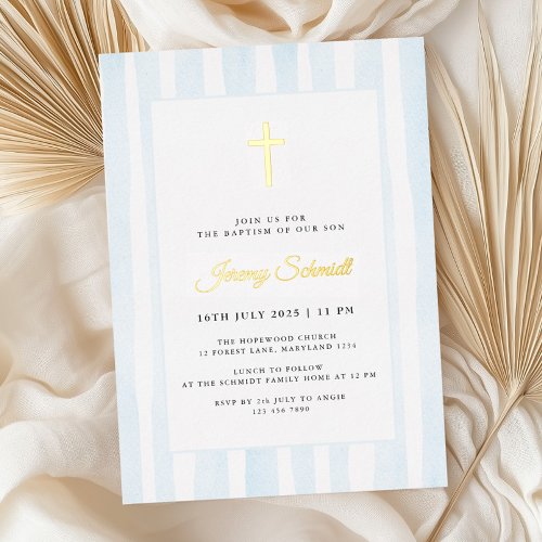 Blue Watercolor Boy Baptism  Foil Invitation