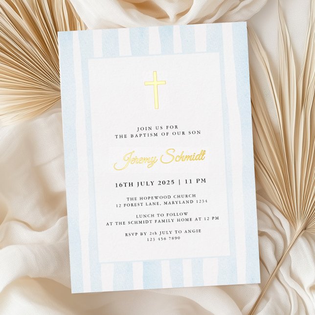 Blue Watercolor Boy Baptism  Foil Invitation (Creator Uploaded)